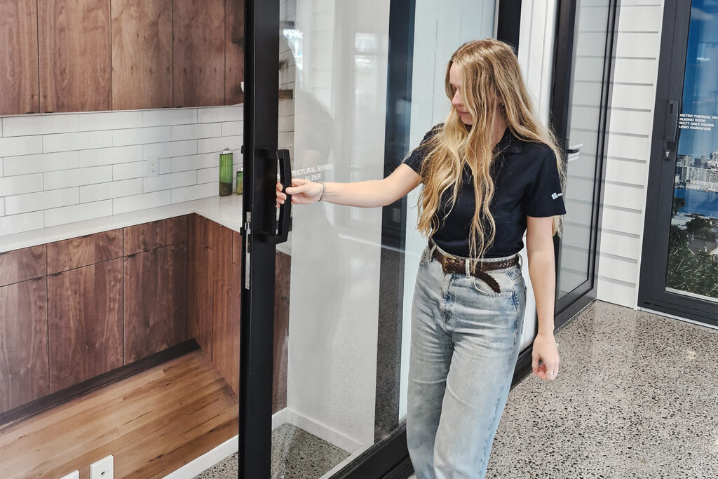 NZWindows Auckland showroom aluminium sliding door demo
